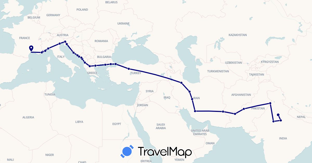 TravelMap itinerary: driving in Albania, Bosnia and Herzegovina, France, Greece, Croatia, India, Iran, Italy, Montenegro, Pakistan, Slovenia, Turkey (Asia, Europe)